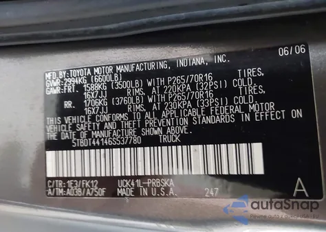2006 Toyota Tundra Sr5 V8 z USA, uszkodzony, nr VIN 5TBDT44146S537780